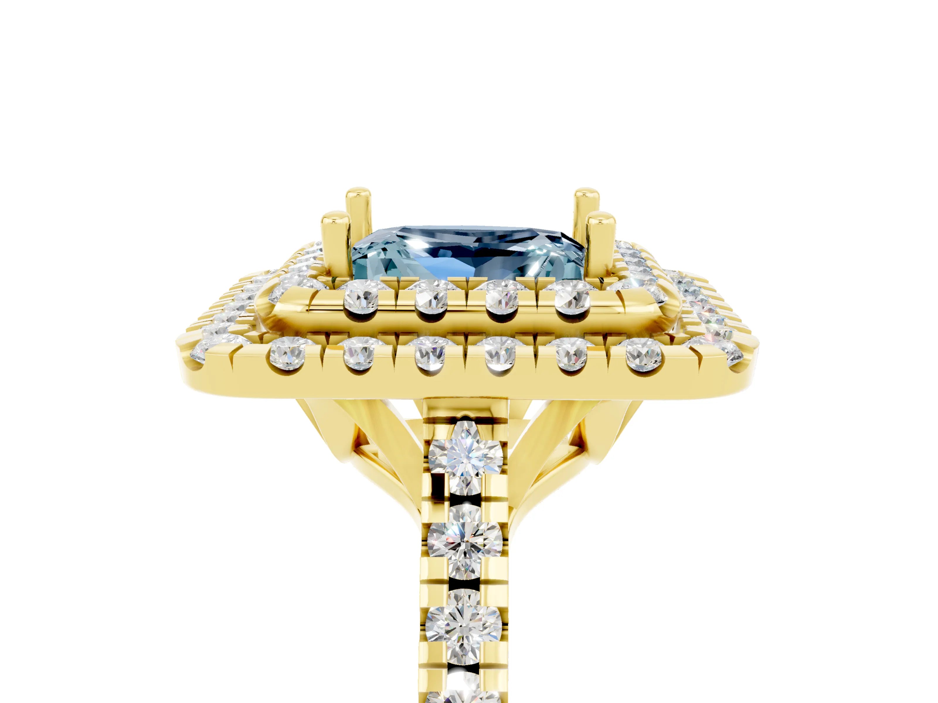 Yellow gold Double Halo Princess Cut Aquamarine Pavé Band with Four-Prong Setting_5