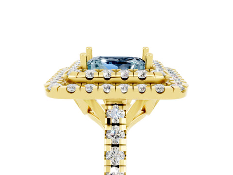 Yellow gold Double Halo Princess Cut Aquamarine Pavé Band with Four-Prong Setting_5