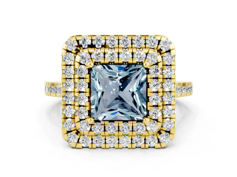 Yellow gold Double Halo Princess Cut Aquamarine Pavé Band with Four-Prong Setting
