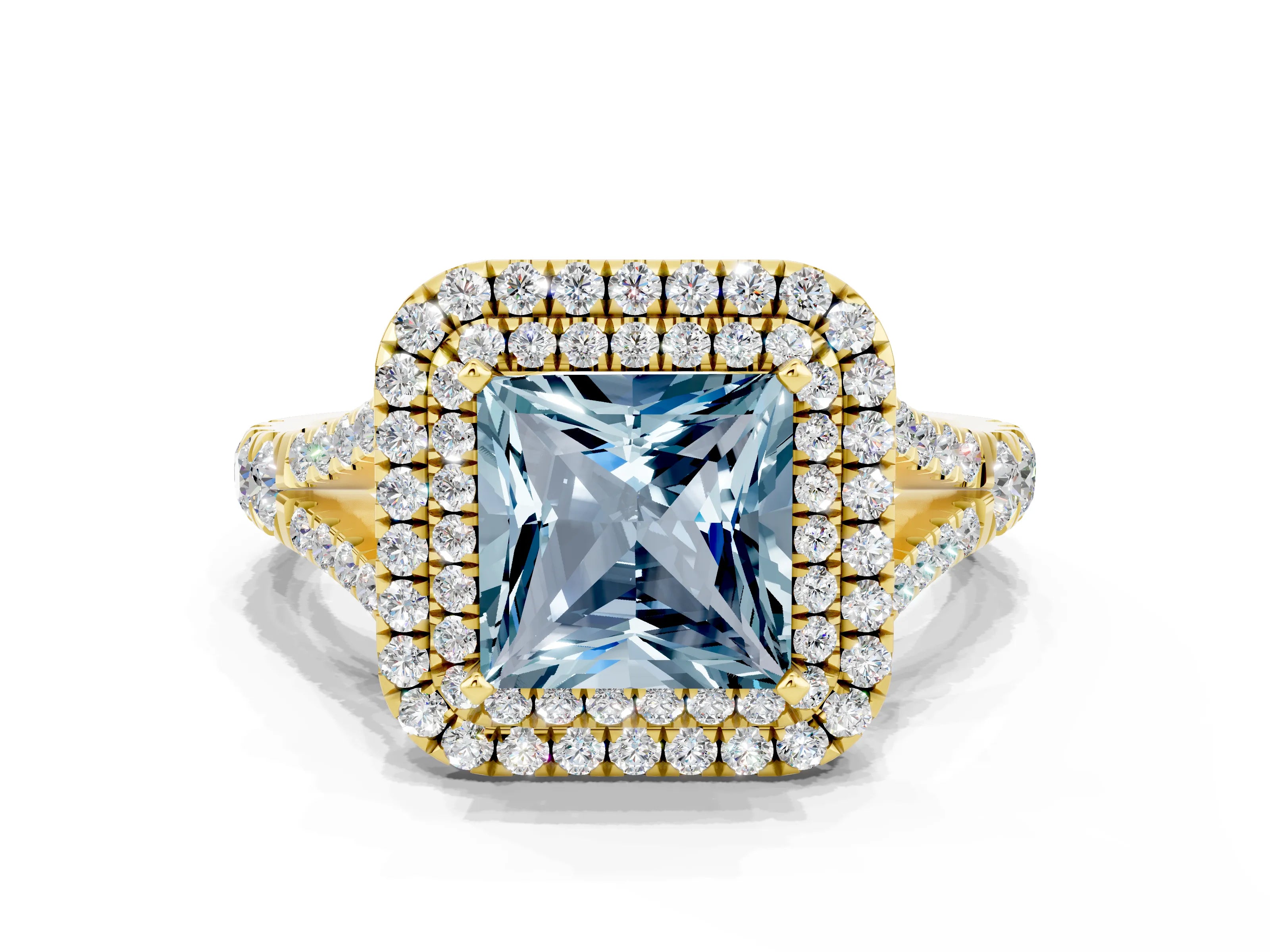 Yellow gold Double Halo Princess Cut Aquamarine Pavé Split Shank Ring with Prong Setting