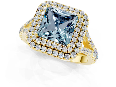 Yellow gold Double Halo Princess Cut Aquamarine Pavé Split Shank Ring with Prong Setting_1