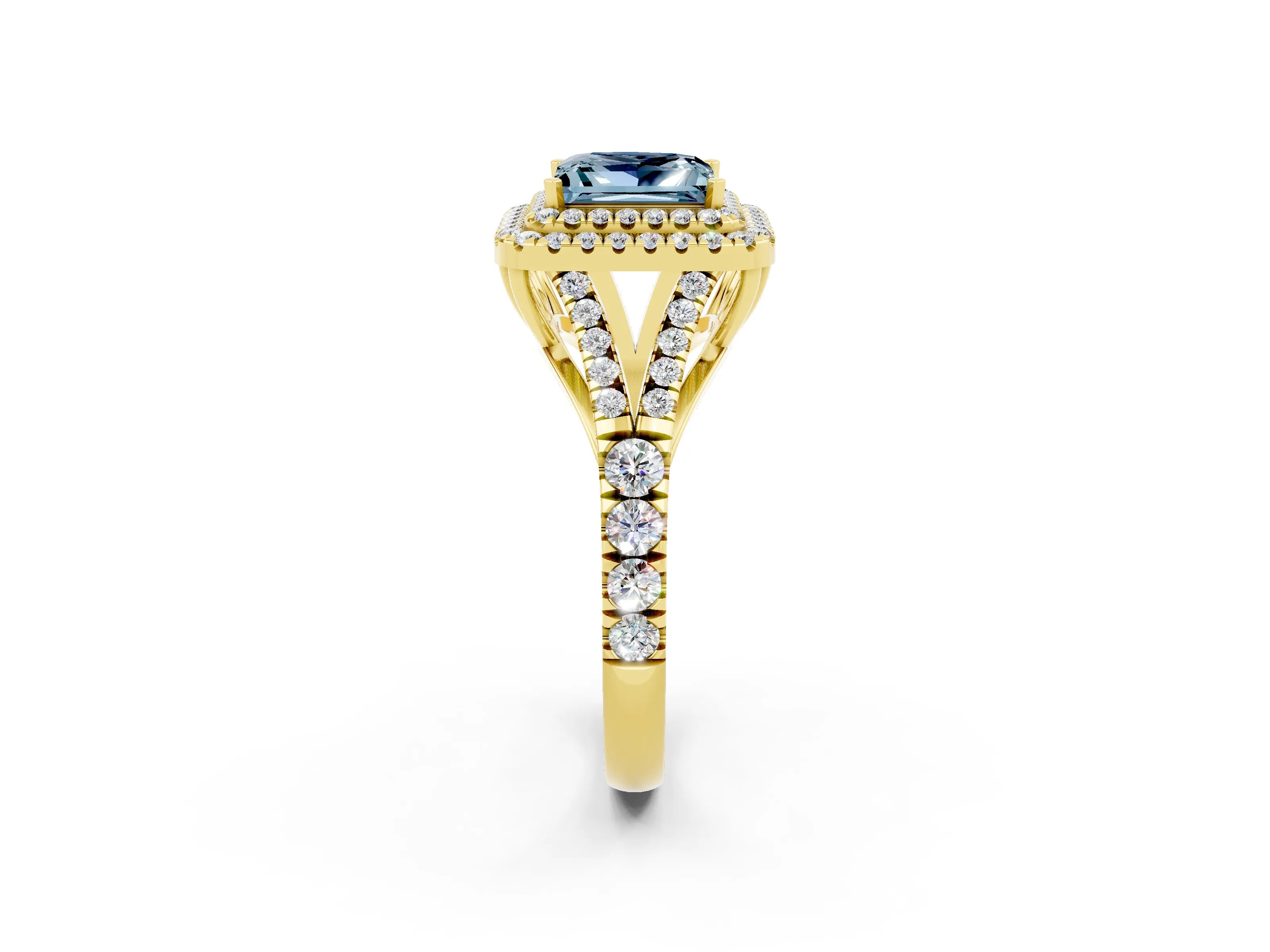 Yellow gold Double Halo Princess Cut Aquamarine Pavé Split Shank Ring with Prong Setting_2