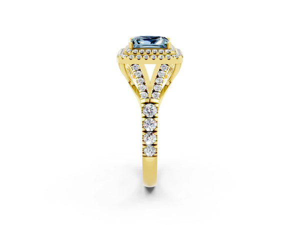 Yellow gold Double Halo Princess Cut Aquamarine Pavé Split Shank Ring with Prong Setting