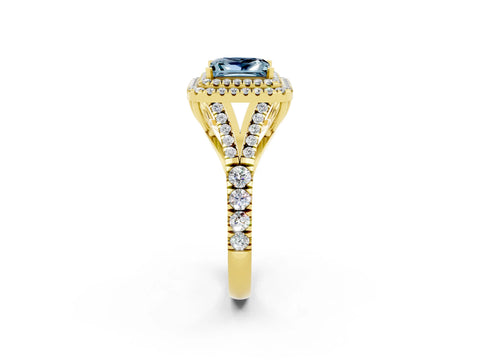 Yellow gold Double Halo Princess Cut Aquamarine Pavé Split Shank Ring with Prong Setting_2