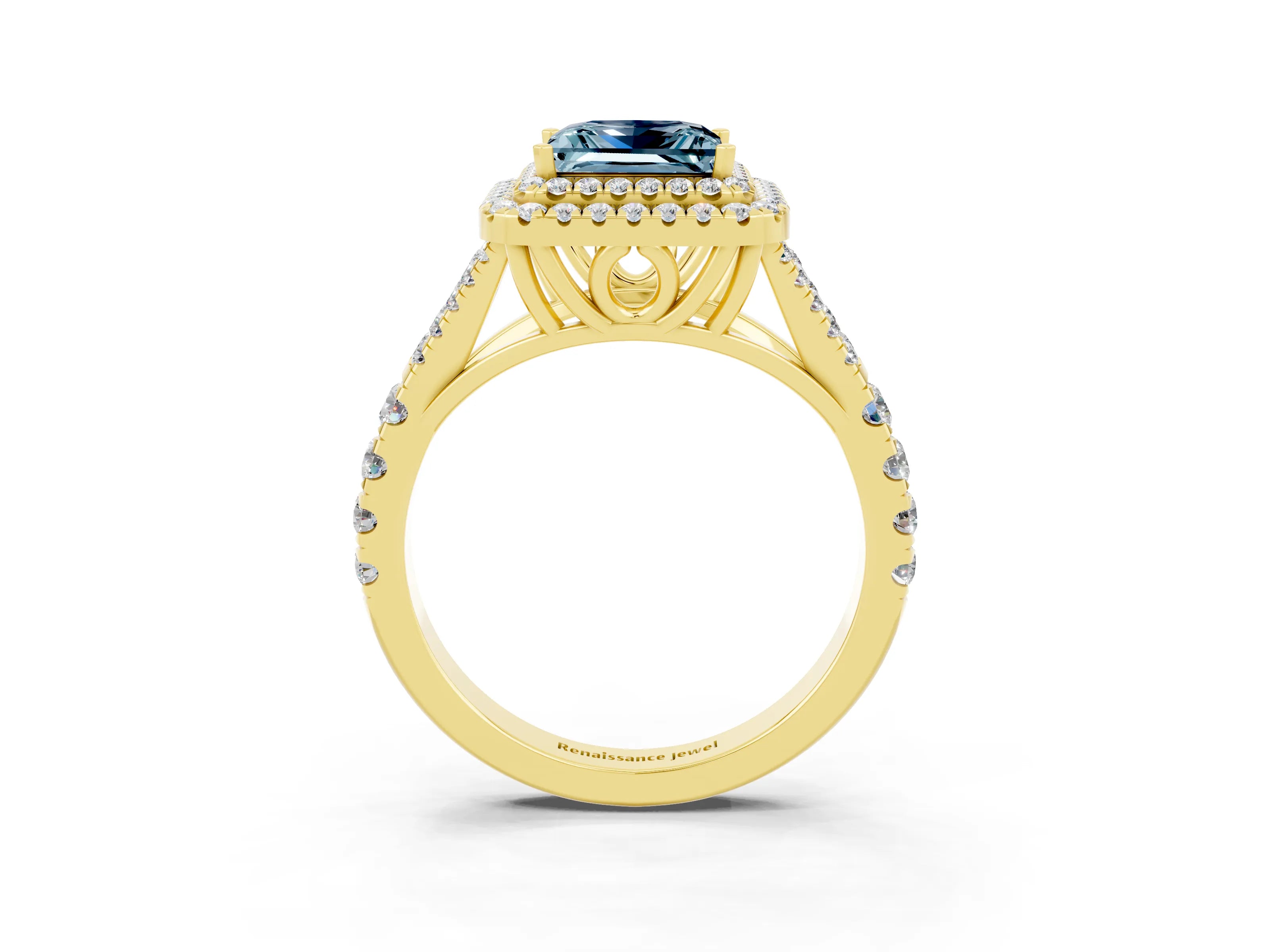 Yellow gold Double Halo Princess Cut Aquamarine Pavé Split Shank Ring with Prong Setting_3
