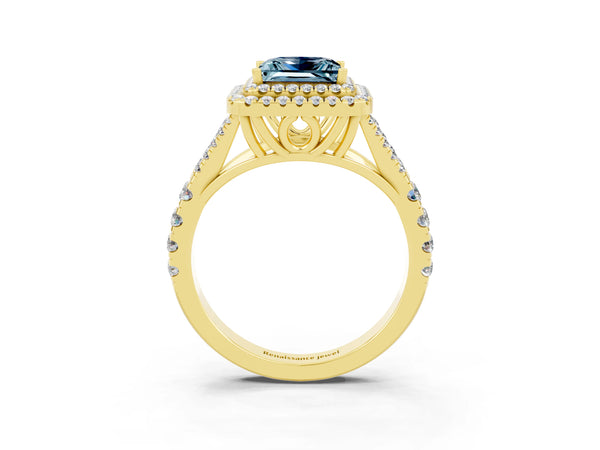 Yellow gold Double Halo Princess Cut Aquamarine Pavé Split Shank Ring with Prong Setting