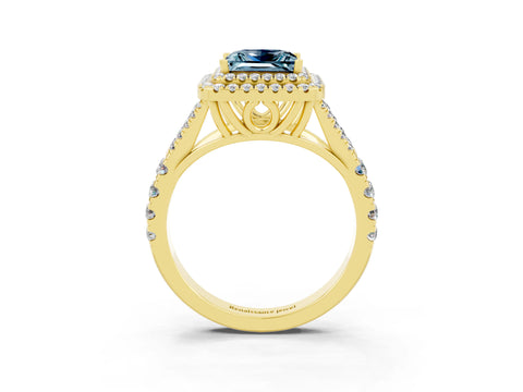 Yellow gold Double Halo Princess Cut Aquamarine Pavé Split Shank Ring with Prong Setting_3
