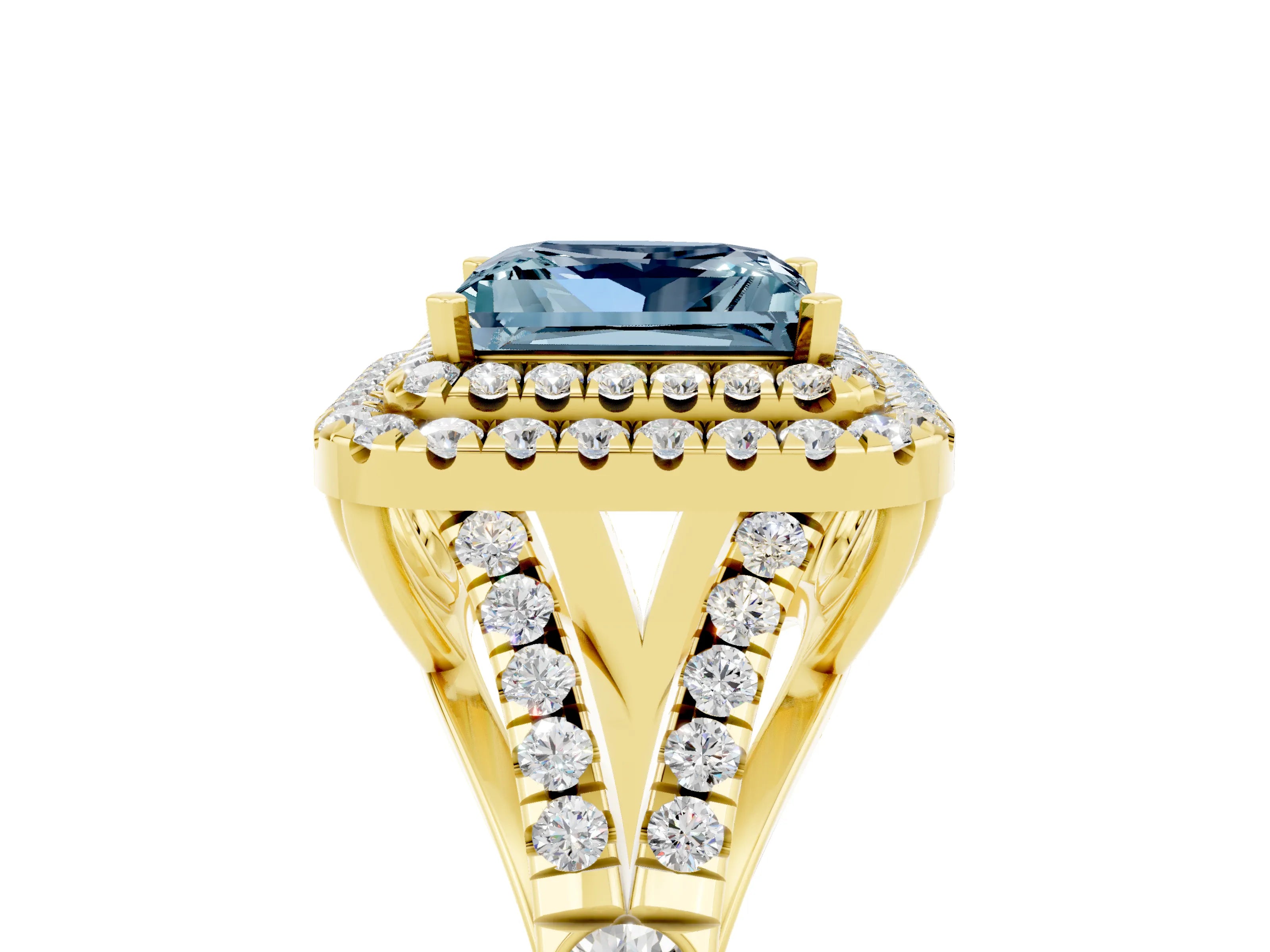 Yellow gold Double Halo Princess Cut Aquamarine Pavé Split Shank Ring with Prong Setting_5