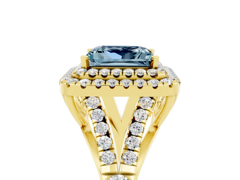 Yellow gold Double Halo Princess Cut Aquamarine Pavé Split Shank Ring with Prong Setting_5