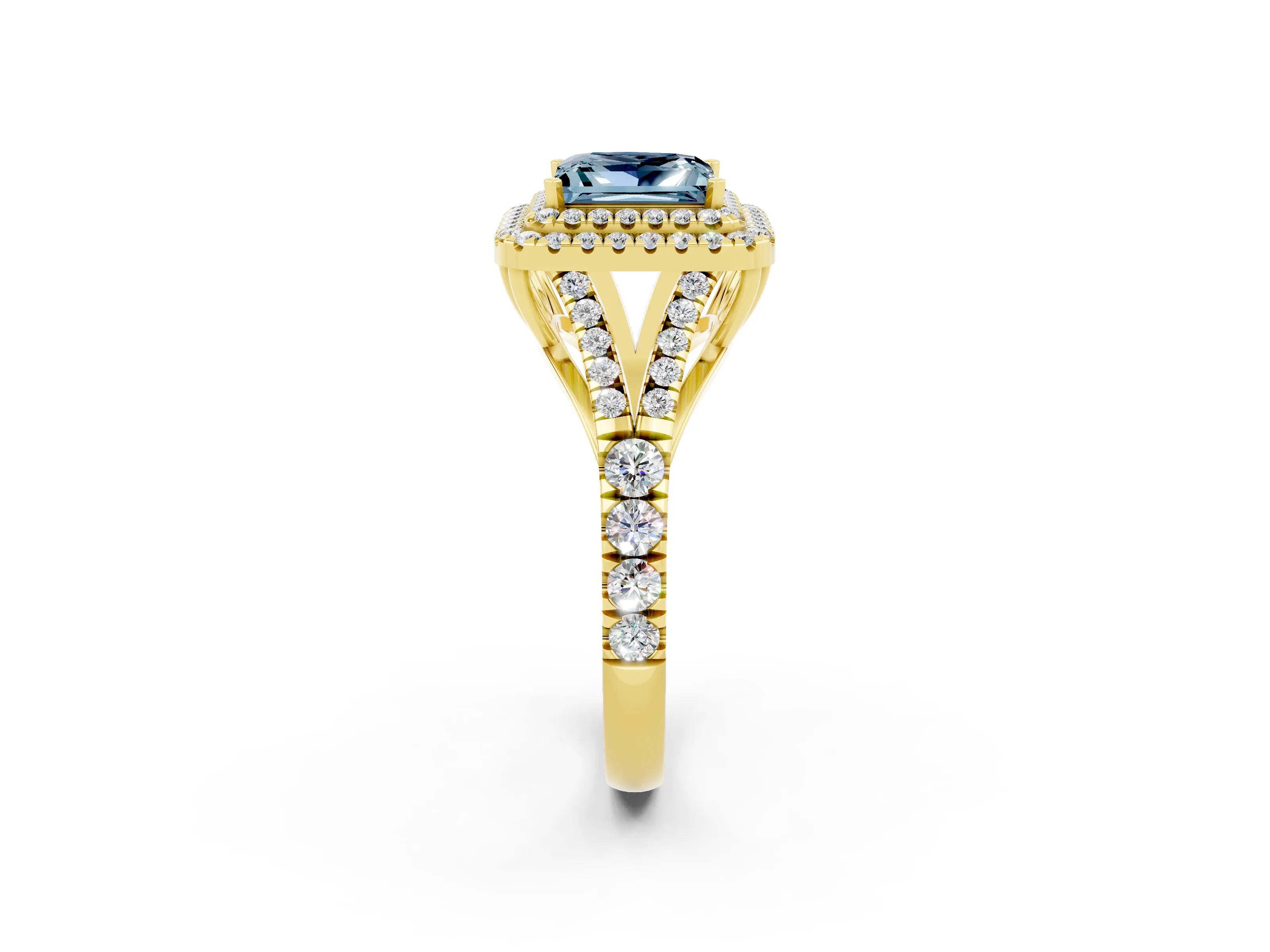 Yellow gold Double Halo Princess Cut Aquamarine Split Shank Engagement Ring with Four-Prong Setting_2