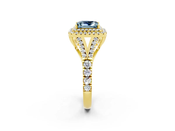 Yellow gold Double Halo Princess Cut Aquamarine Split Shank Engagement Ring with Four-Prong Setting