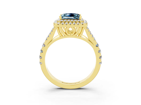Yellow gold Double Halo Princess Cut Aquamarine Split Shank Engagement Ring with Four-Prong Setting