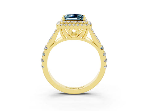 Yellow gold Double Halo Princess Cut Aquamarine Split Shank Engagement Ring with Four-Prong Setting_3