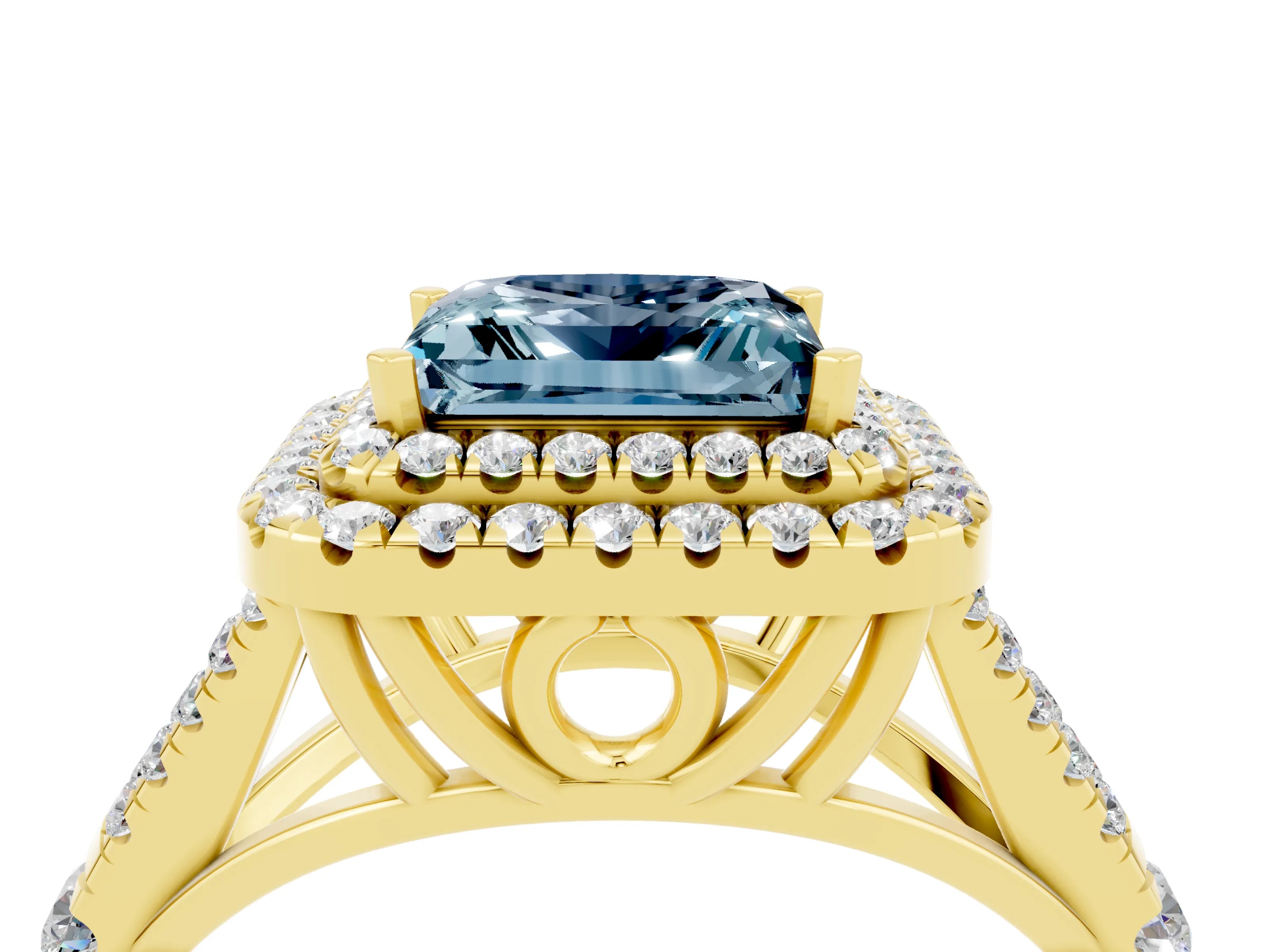 Yellow gold Double Halo Princess Cut Aquamarine Split Shank Engagement Ring with Four-Prong Setting_4