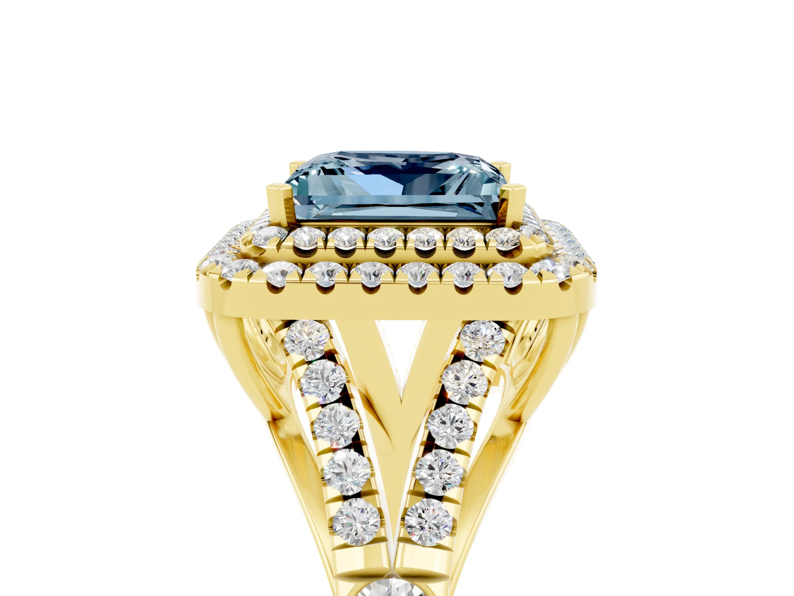 Yellow gold Double Halo Princess Cut Aquamarine Split Shank Engagement Ring with Four-Prong Setting_5