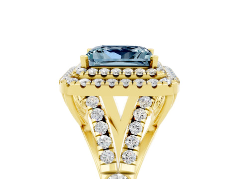 Yellow gold Double Halo Princess Cut Aquamarine Split Shank Engagement Ring with Four-Prong Setting_5
