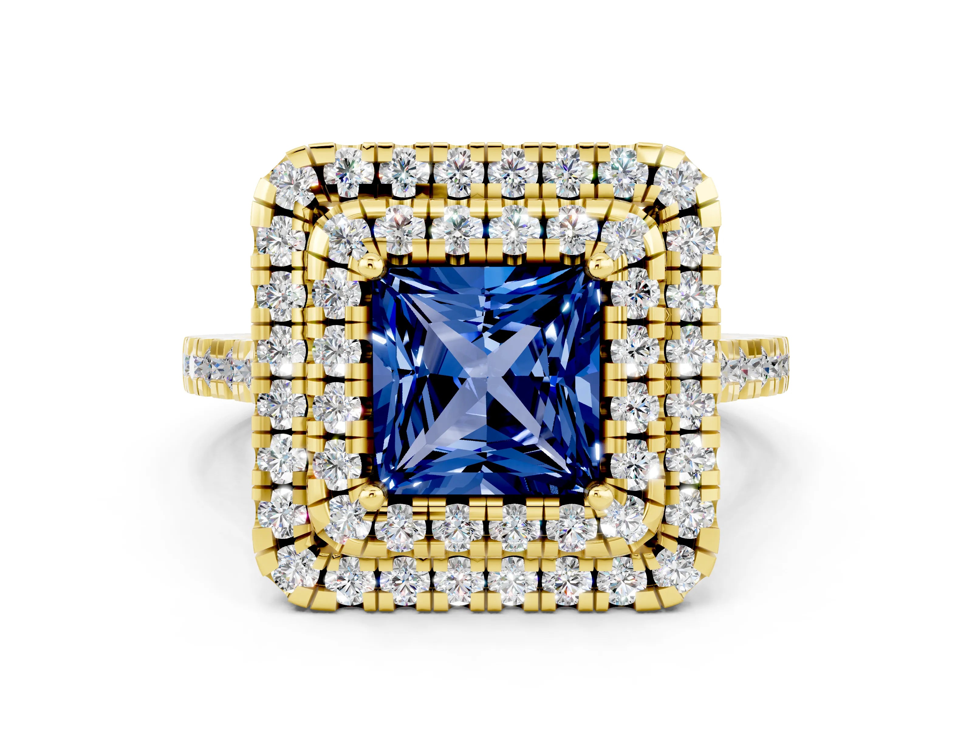 Yellow gold Double Halo Princess Cut Blue Sapphire Pavé Band with Four-Prong Setting