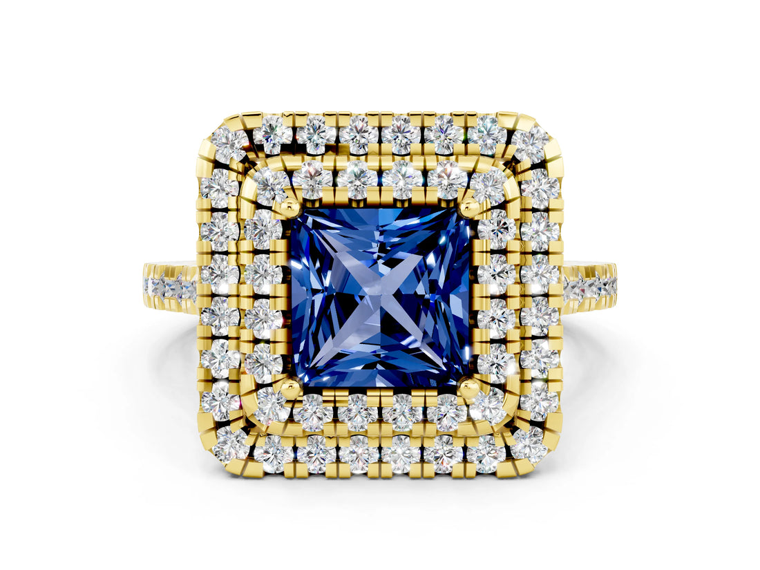 Yellow gold Double Halo Princess Cut Blue Sapphire Pavé Band with Four-Prong Setting