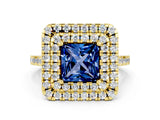 Yellow gold Double Halo Princess Cut Blue Sapphire Pavé Band with Four-Prong Setting
