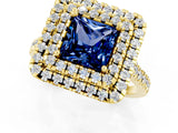 Yellow gold Double Halo Princess Cut Blue Sapphire Pavé Band with Four-Prong Setting_1