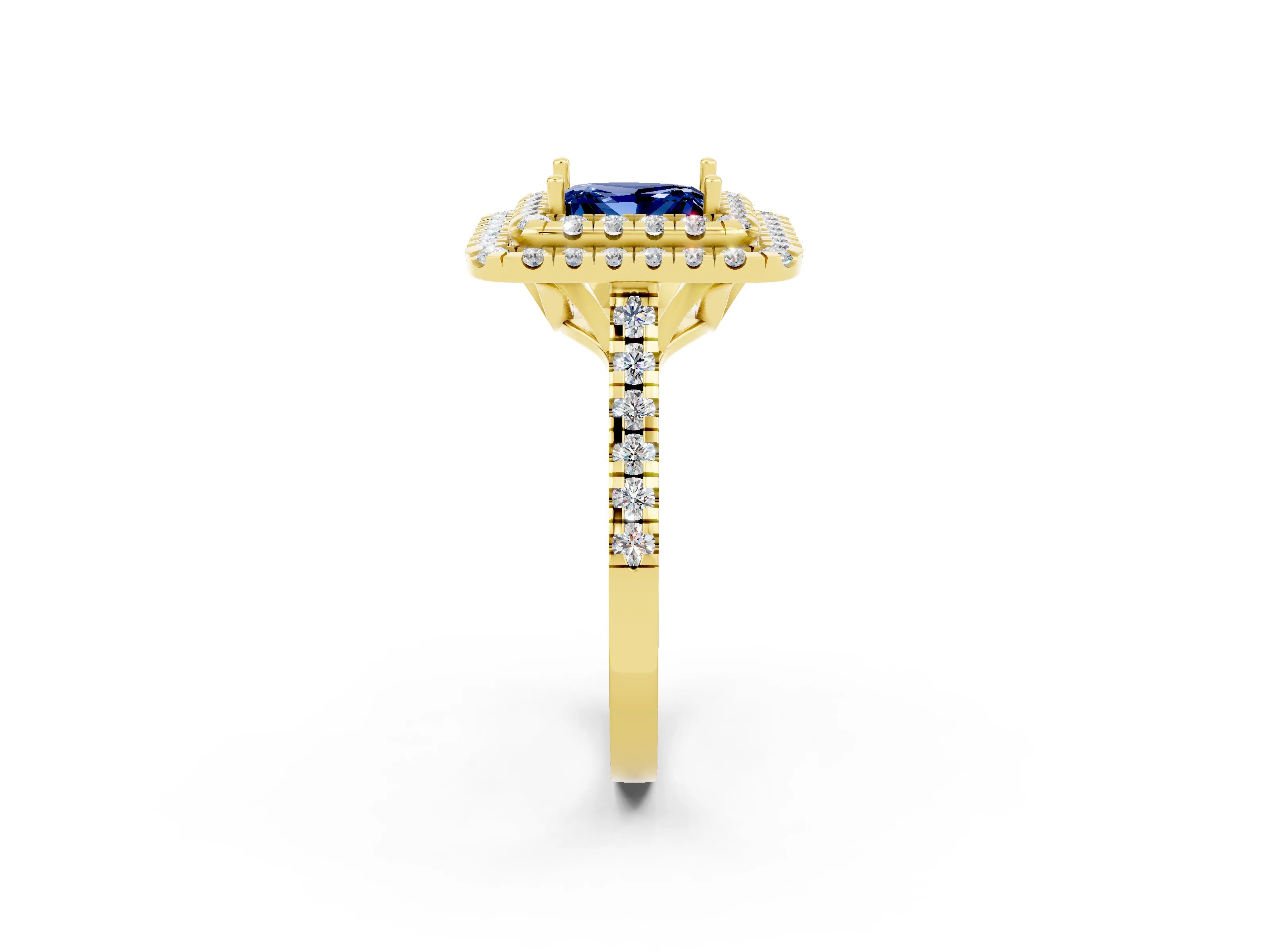 Yellow gold Double Halo Princess Cut Blue Sapphire Pavé Band with Four-Prong Setting_2