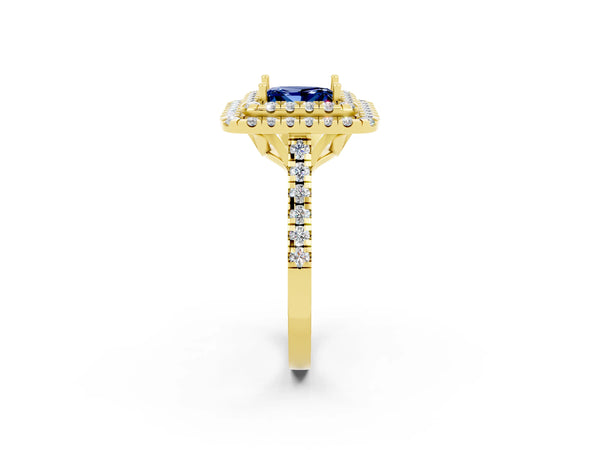 Yellow gold Double Halo Princess Cut Blue Sapphire Pavé Band with Four-Prong Setting