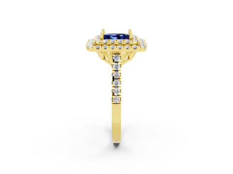 Yellow gold Double Halo Princess Cut Blue Sapphire Pavé Band with Four-Prong Setting_2