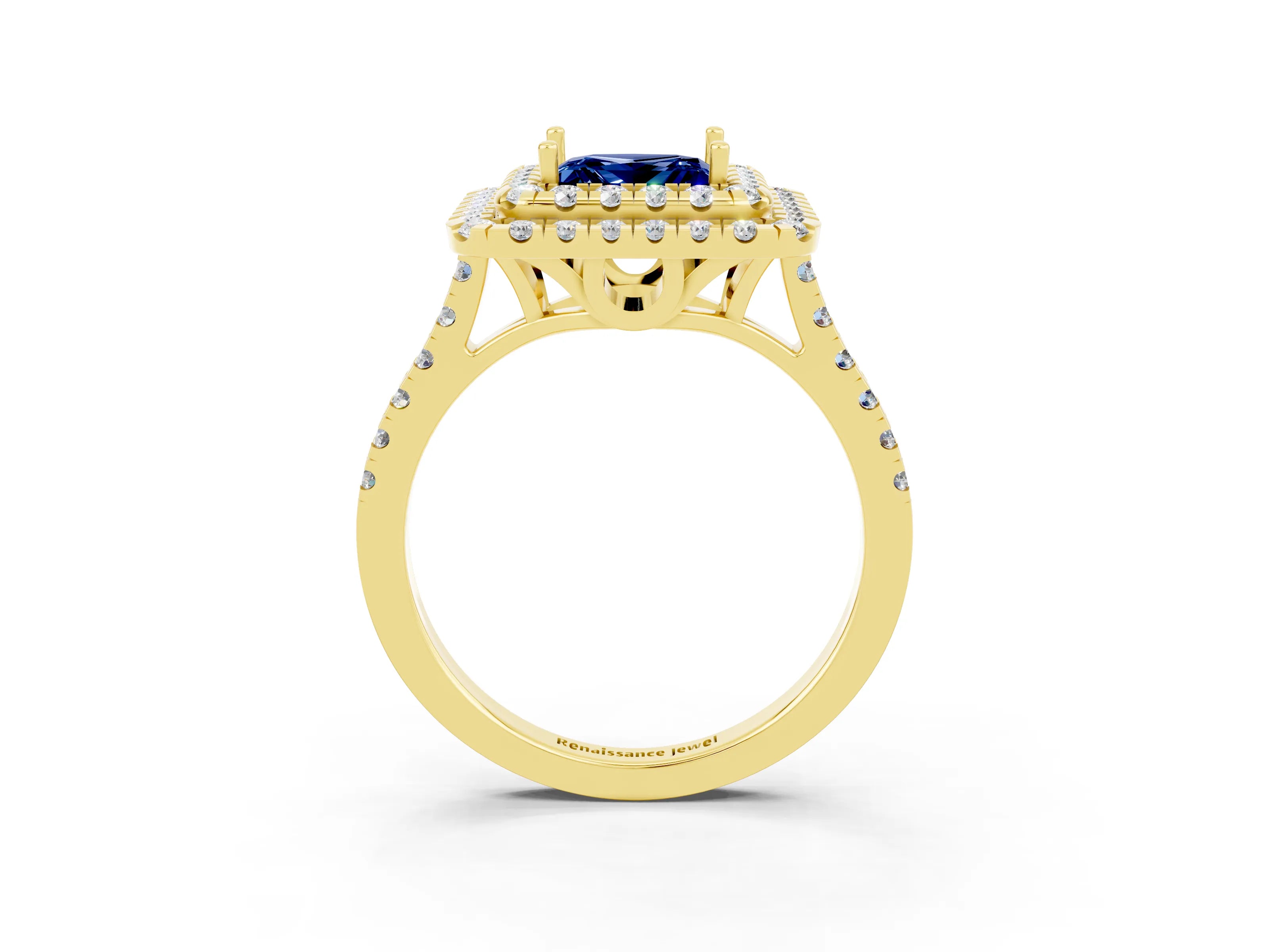 Yellow gold Double Halo Princess Cut Blue Sapphire Pavé Band with Four-Prong Setting_3
