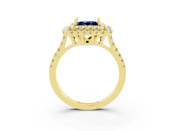Yellow gold Double Halo Princess Cut Blue Sapphire Pavé Band with Four-Prong Setting