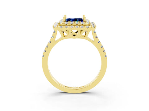 Yellow gold Double Halo Princess Cut Blue Sapphire Pavé Band with Four-Prong Setting_3