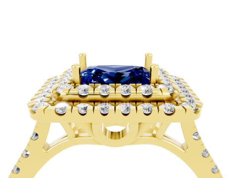 Yellow gold Double Halo Princess Cut Blue Sapphire Pavé Band with Four-Prong Setting_4