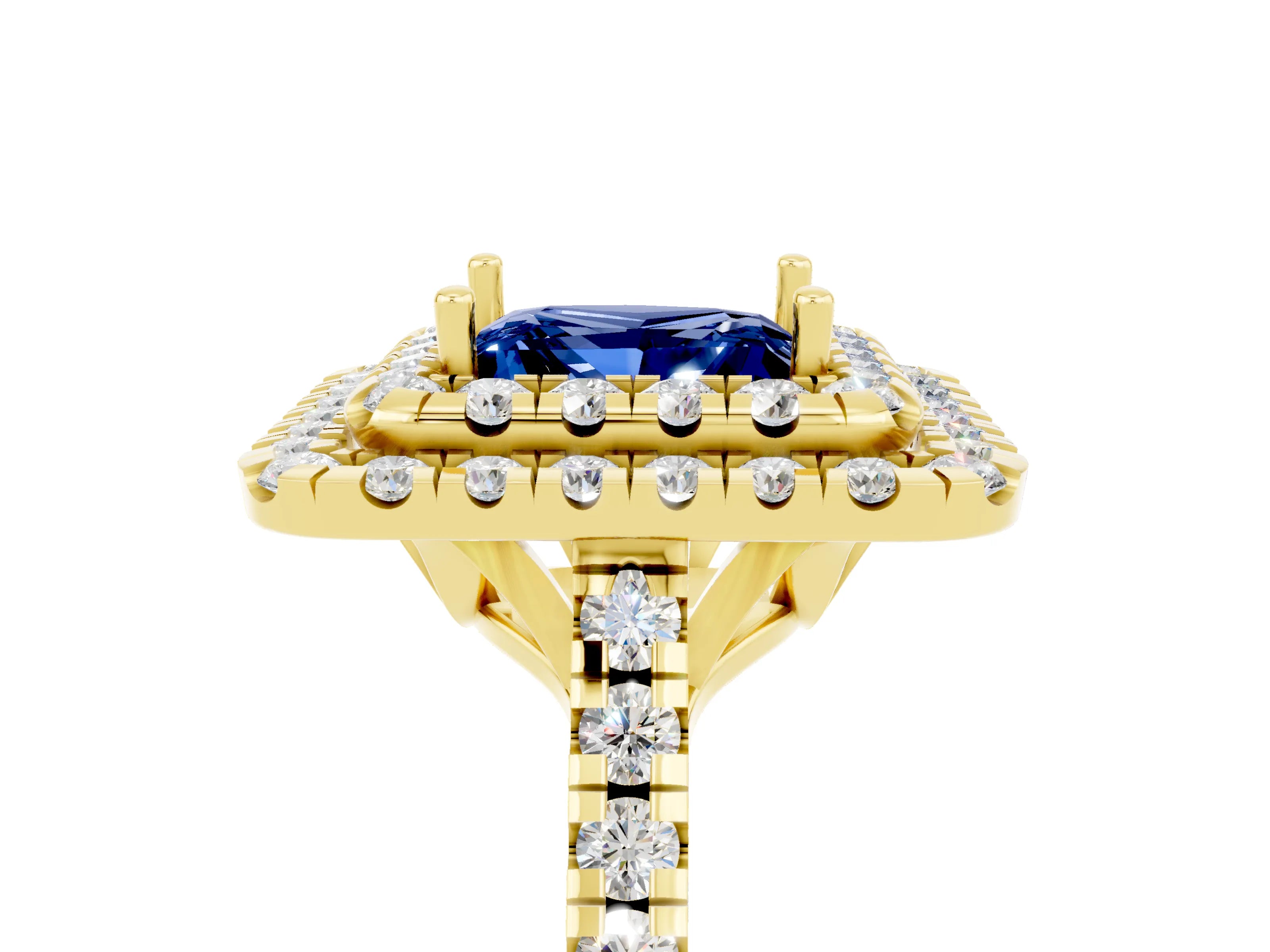 Yellow gold Double Halo Princess Cut Blue Sapphire Pavé Band with Four-Prong Setting_5