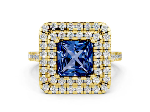 Yellow gold Double Halo Princess Cut Blue Sapphire Pavé Band with Four-Prong Setting