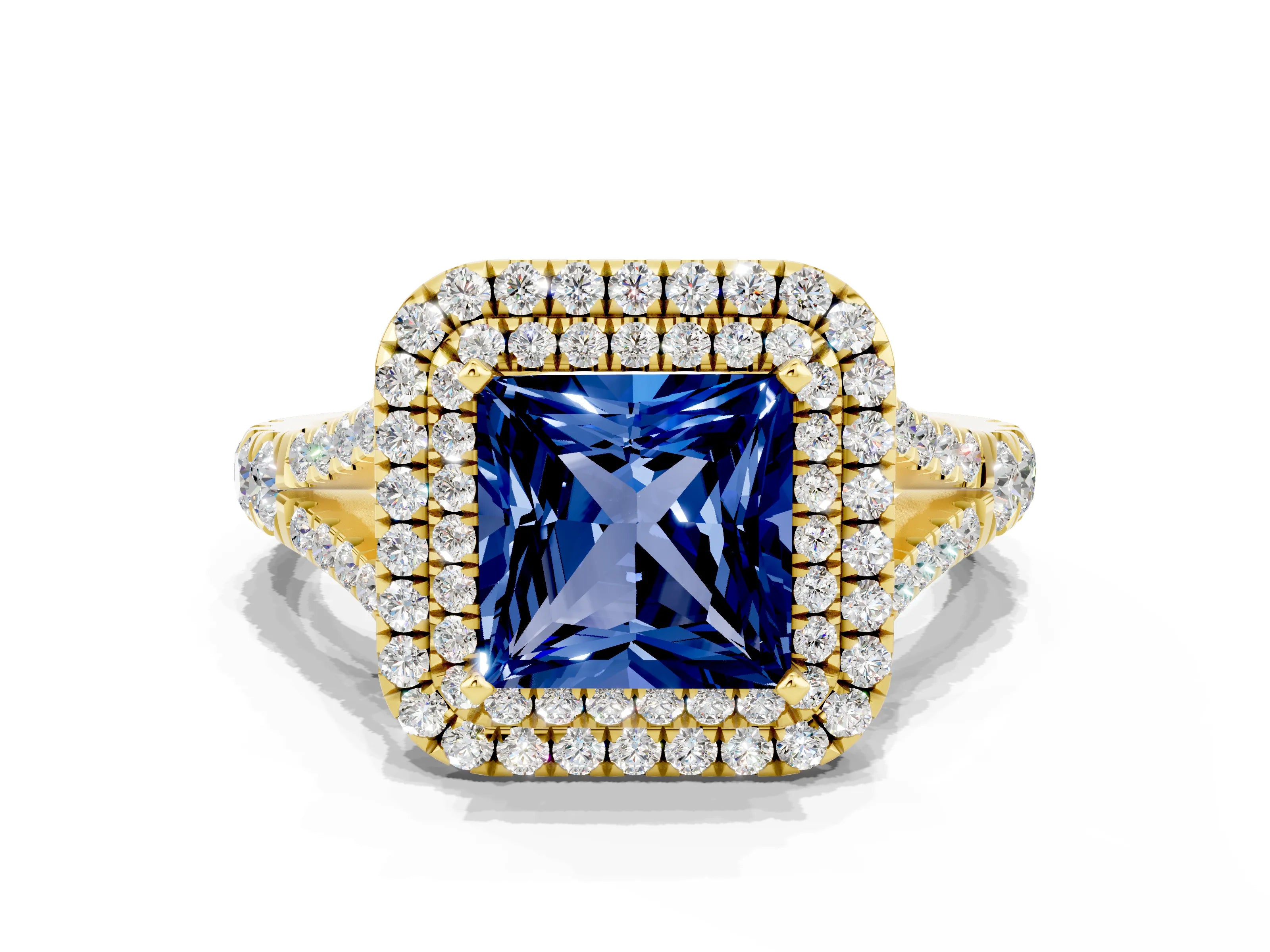 Yellow gold Double Halo Princess Cut Blue Sapphire Pavé Split Shank Ring with Prong Setting