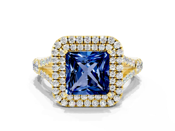 Yellow gold Double Halo Princess Cut Blue Sapphire Pavé Split Shank Ring with Prong Setting