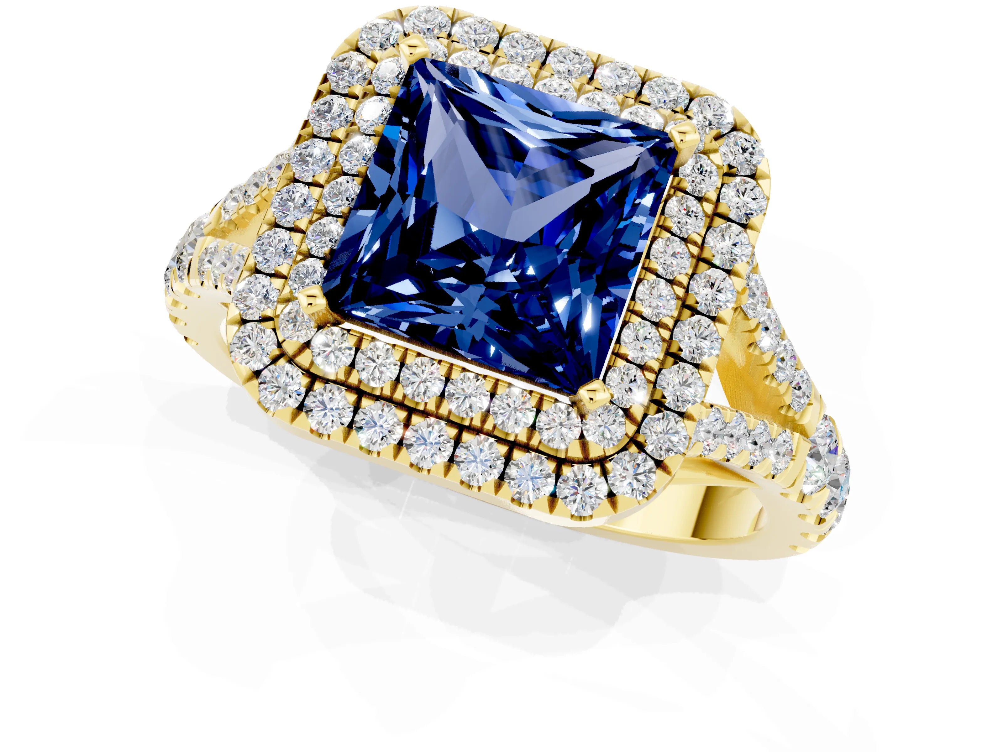 Yellow gold Double Halo Princess Cut Blue Sapphire Pavé Split Shank Ring with Prong Setting_1