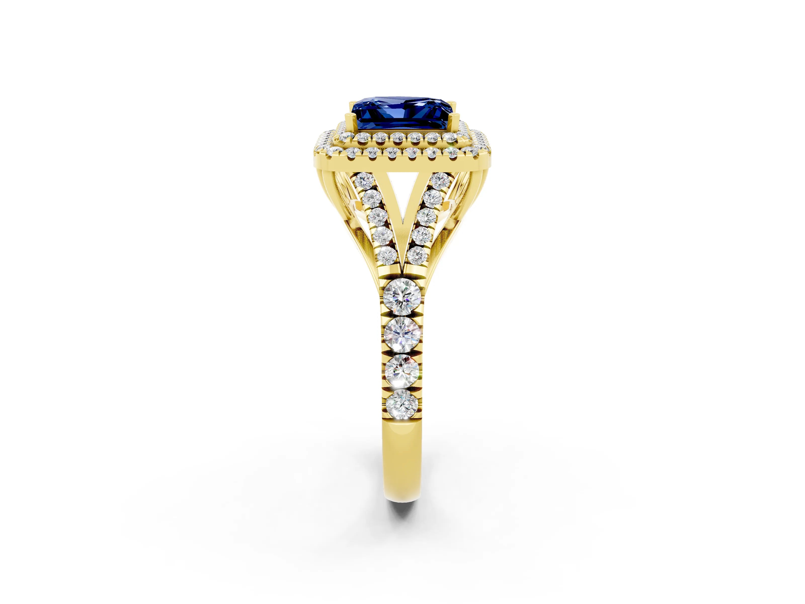 Yellow gold Double Halo Princess Cut Blue Sapphire Pavé Split Shank Ring with Prong Setting_2