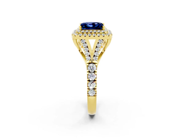 Yellow gold Double Halo Princess Cut Blue Sapphire Pavé Split Shank Ring with Prong Setting