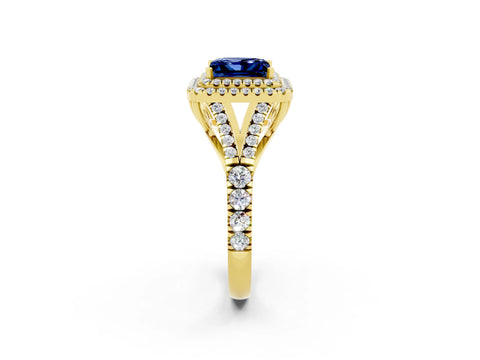 Yellow gold Double Halo Princess Cut Blue Sapphire Pavé Split Shank Ring with Prong Setting_2