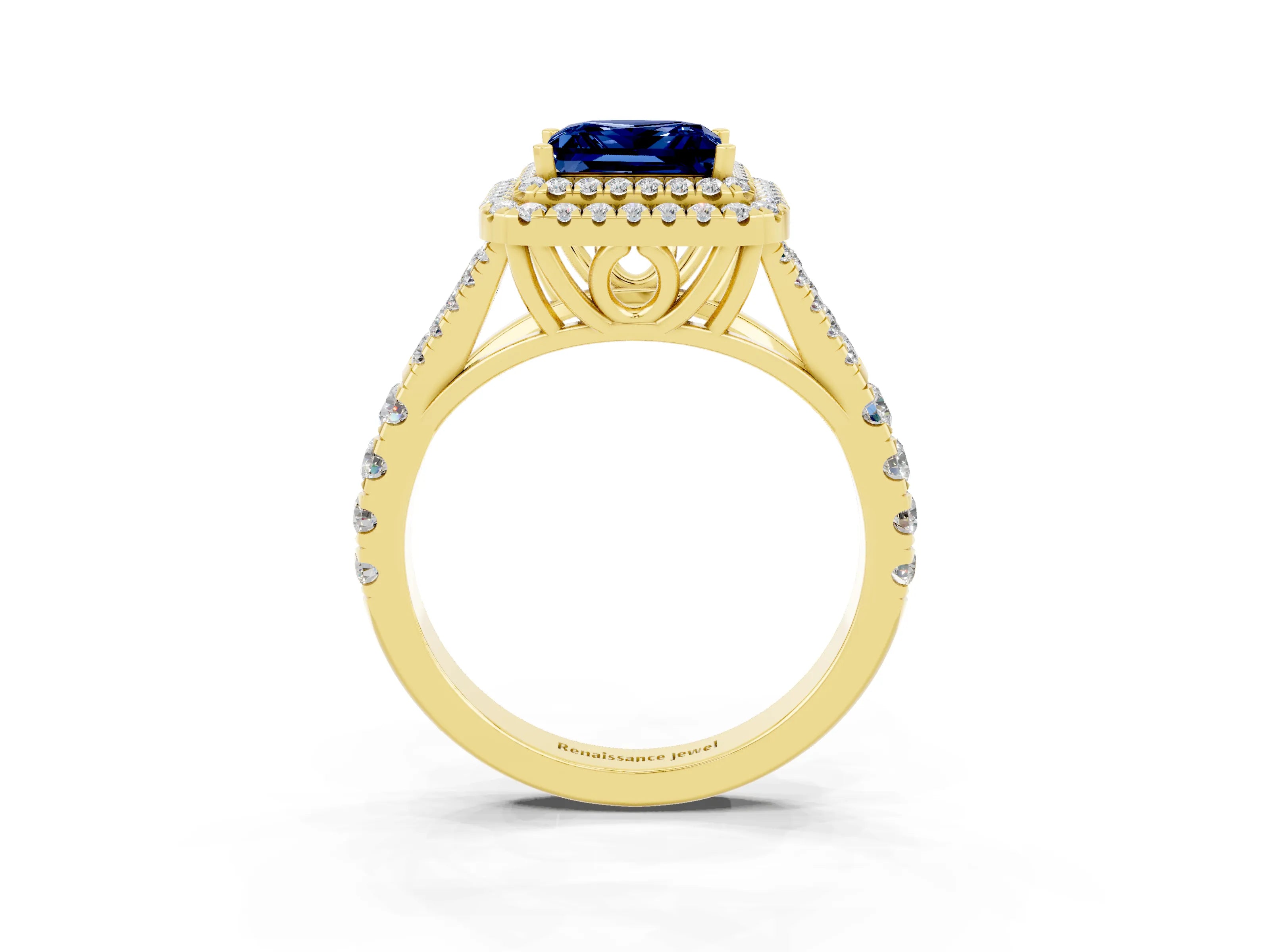 Yellow gold Double Halo Princess Cut Blue Sapphire Pavé Split Shank Ring with Prong Setting_3