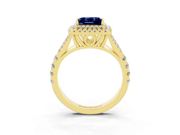 Yellow gold Double Halo Princess Cut Blue Sapphire Pavé Split Shank Ring with Prong Setting