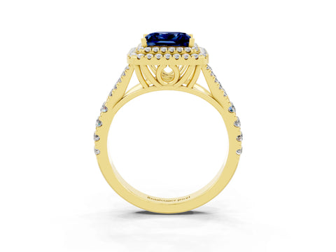 Yellow gold Double Halo Princess Cut Blue Sapphire Pavé Split Shank Ring with Prong Setting_3