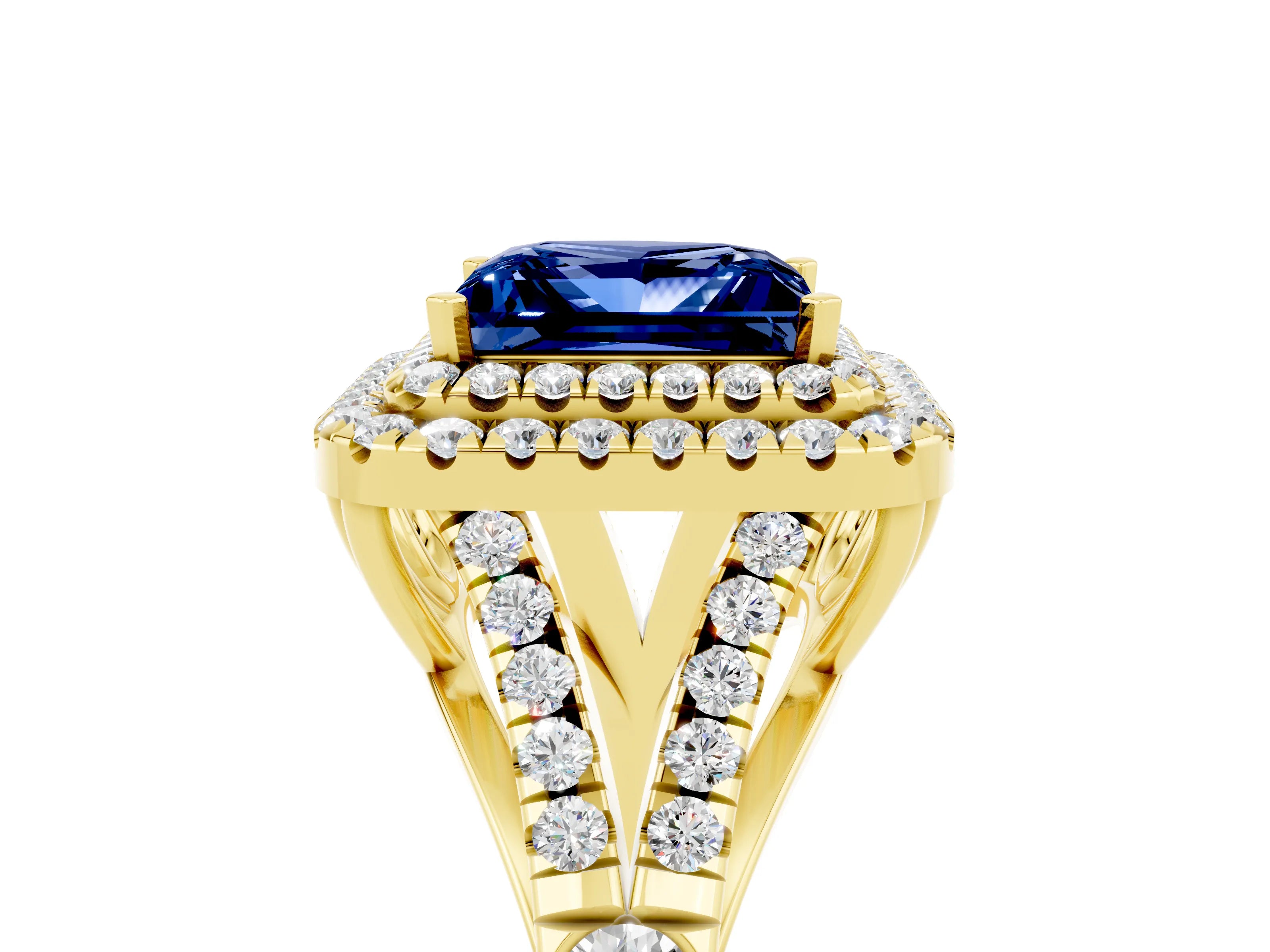 Yellow gold Double Halo Princess Cut Blue Sapphire Pavé Split Shank Ring with Prong Setting_5