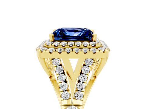 Yellow gold Double Halo Princess Cut Blue Sapphire Pavé Split Shank Ring with Prong Setting_5