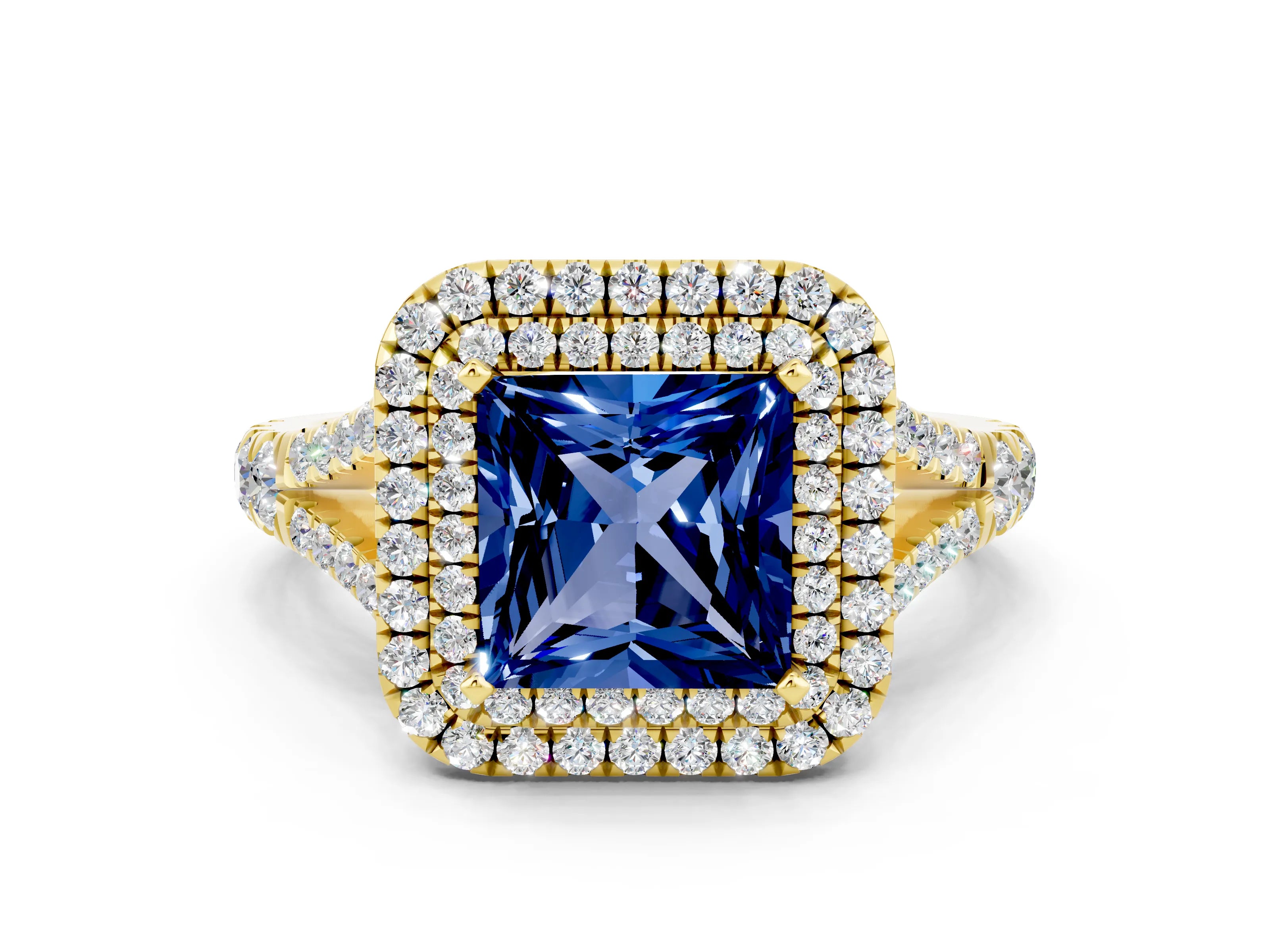 Yellow gold Double Halo Princess Cut Blue Sapphire Split Shank Engagement Ring with Four-Prong Setting