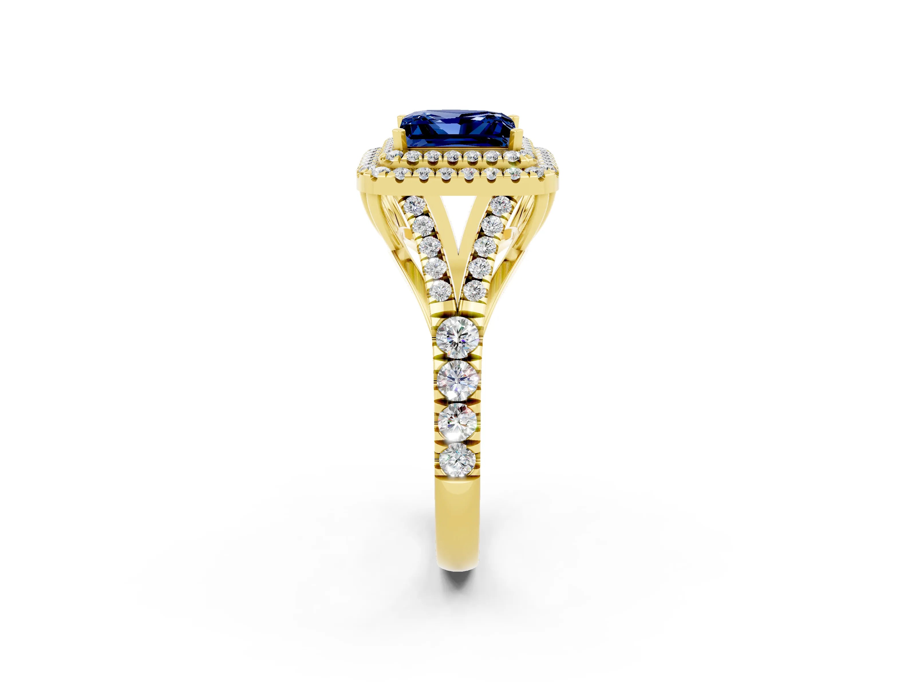 Yellow gold Double Halo Princess Cut Blue Sapphire Split Shank Engagement Ring with Four-Prong Setting_2