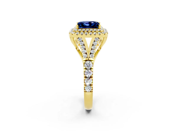 Yellow gold Double Halo Princess Cut Blue Sapphire Split Shank Engagement Ring with Four-Prong Setting