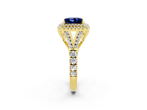 Yellow gold Double Halo Princess Cut Blue Sapphire Split Shank Engagement Ring with Four-Prong Setting_2