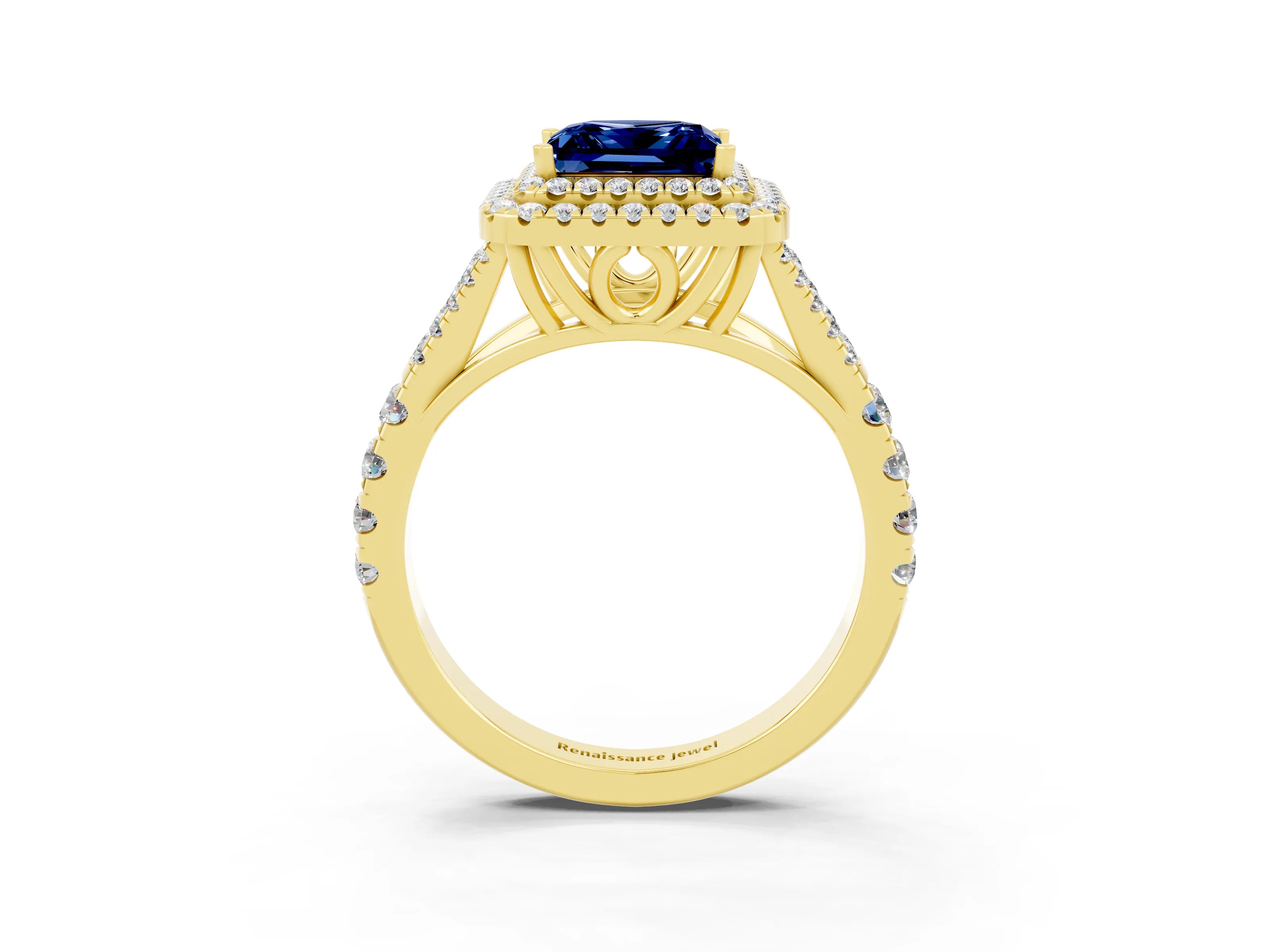 Yellow gold Double Halo Princess Cut Blue Sapphire Split Shank Engagement Ring with Four-Prong Setting_3