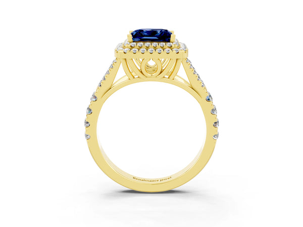 Yellow gold Double Halo Princess Cut Blue Sapphire Split Shank Engagement Ring with Four-Prong Setting